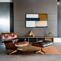 A mid-century modern living room with a classic Eames lounge chair and geometric accents2, Generative AI