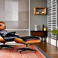 A mid-century modern living room with a classic Eames lounge chair and geometric accents1, Generative AI