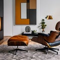 A mid-century modern living room with a classic Eames lounge chair and geometric accents5, Generative AI