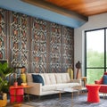 Mid-century modern living room with geometric patterns and pops of color1, Generative AI