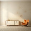 Mid-century modern living room with leather armchair, white wooden dresser, and subtle floral wallpaper. Generative AI Royalty Free Stock Photo