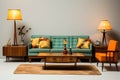 a mid-century modern living room set: sofa, coffee table, and lamp Royalty Free Stock Photo