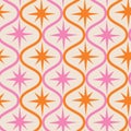 Mid century modern pink and orange atomic starbursts on retro ogee shapes seamless pattern on white background . For wallpaper, Royalty Free Stock Photo