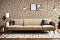 A mid-century modern sofa with wooden legs against a geometric-patterned accent wall