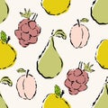 Mid-century modern style apples, pears, plums, berries. Seamless vector pattern background. Pastel green, red, yellow Royalty Free Stock Photo