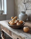 Mid-Century Painting: Abstract Apples on Table, Vintage Amber and Wood Minimalism, Whimsical Timeless Nostalgia