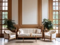 Mid-century sofa and armchairs in room with classic white paneling wall and French window. Art deco style interior design Royalty Free Stock Photo