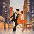 Mid-century Style Acrylic Painting Of A Couple Dancing On A City Street