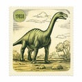 Mid-century Style Dinosaur Postage Stamp: Brontosaurus Illustration