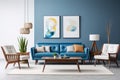 Mid-century style home interior design of modern living room. White sofa and blue leather chairs near wooden coffee table Royalty Free Stock Photo