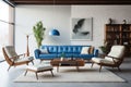 Mid-century style home interior design of modern living room. White sofa and blue leather chairs near wooden coffee table Royalty Free Stock Photo