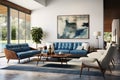 Mid-century style home interior design of modern living room. White sofa and blue leather chairs near wooden coffee table Royalty Free Stock Photo