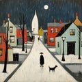 A Charming Street Scene: Woman Walking With Dog By Harry Forsythe