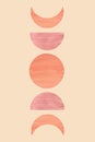 Mid century terracotta colors artwork. Watercolor moon phases illustration isolated on orange background. Modern boho