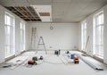 Mid-construction room with exposed wiring and tools scattered on the floor Royalty Free Stock Photo