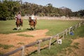 Mid distant view of female friends horseback riding