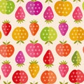 Colorful mid century geometric apples and strawberries seamless pattern in red, green, pink and orange with atomic starbursts Royalty Free Stock Photo
