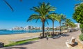 Mid morning sun on the city. Warm sunny day along the beach in Ibiza, St Antoni de Portmany Balearic Islands, Spain Royalty Free Stock Photo