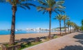 Mid morning sun on the city. Warm sunny day along the beach in Ibiza, St Antoni de Portmany Balearic Islands, Spain Royalty Free Stock Photo