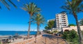 Mid morning sun on Ibiza waterfront. Warm sunny day along the beach in St Antoni de Portmany Balearic Islands, Spain Royalty Free Stock Photo