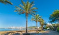 Mid morning sun on Ibiza waterfront. Warm sunny day along the beach in St Antoni de Portmany Balearic Islands, Spain Royalty Free Stock Photo