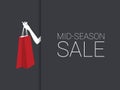 Mid season sale poster with woman hand holding red shopping bag. Discounts promotion banner.