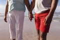 Mid section of african american couple holding hands standing on the beach Royalty Free Stock Photo