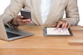 Mid-section of Businesswoman using mobile phone and digital tablet with laptop on table Royalty Free Stock Photo