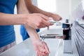 Mid section of couple in bathroom