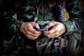 Mid section of military soldier using mobile phone in boot camp