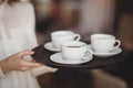 Mid section of waitress holding coffee in tray Royalty Free Stock Photo