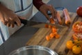 Mid section of woman cutting carrot in kitchen Royalty Free Stock Photo