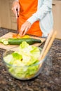 Mid section of woman slicing tomato for salad Royalty Free Stock Photo