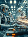 Mid-shot of workers and robots on electronics assembly line, dynamic and efficient under factory lighting, super detailed