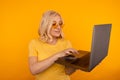 Midage woman with laptop isolated check her mail and typing. Royalty Free Stock Photo