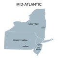 Mid-Atlantic states in the Northeast region of USA, gray political map Royalty Free Stock Photo