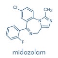 Midazolam benzodiazepine drug molecule. Has sedative, anxiolytic, amnestic, hypnotic, anticonvulsant, etc properties. Skeletal. Royalty Free Stock Photo