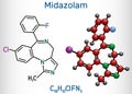 Midazolam molecule. Is a short-acting drug with anxiolytic, anticonvulsant, hypnotic, muscle relaxant, sedative, amnesic