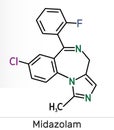 Midazolam molecule. Is a short-acting drug with anxiolytic, anticonvulsant, hypnotic, muscle relaxant, sedative, amnesic