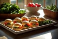 Midday Delight: Tray of Mini Sliders, Cheese Bites, and Cherry Tomatoes on a Bed of Kale