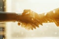 Midday light highlights a dynamic interaction where a human hand and a robotic arm engage in a handshake, illustrating Royalty Free Stock Photo