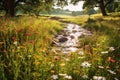 Midday Magic: A Stunning Wildflower Meadow with a Crystal Clear Stream