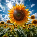 Midday Sunflower Patch Under Blue Sky with White Clouds Royalty Free Stock Photo