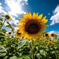 Midday Sunflower Patch Under Blue Sky with White Clouds Royalty Free Stock Photo