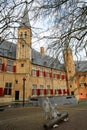 The internal courtyard of Middelburg Abbey Abdij, with modern statues in the foreground