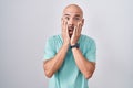 Middle age bald man standing over white background afraid and shocked, surprise and amazed expression with hands on face Royalty Free Stock Photo