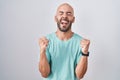 Middle age bald man standing over white background excited for success with arms raised and eyes closed celebrating victory Royalty Free Stock Photo