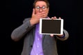 Middle age Business man holding and shows tablet pc with blank screen Royalty Free Stock Photo