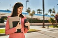 Middle age business woman smilling happy outdoors Royalty Free Stock Photo