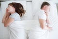 Middle age couple sleeping in bed. Family life in bedroom at home. Healthy sleep time. Selective focus